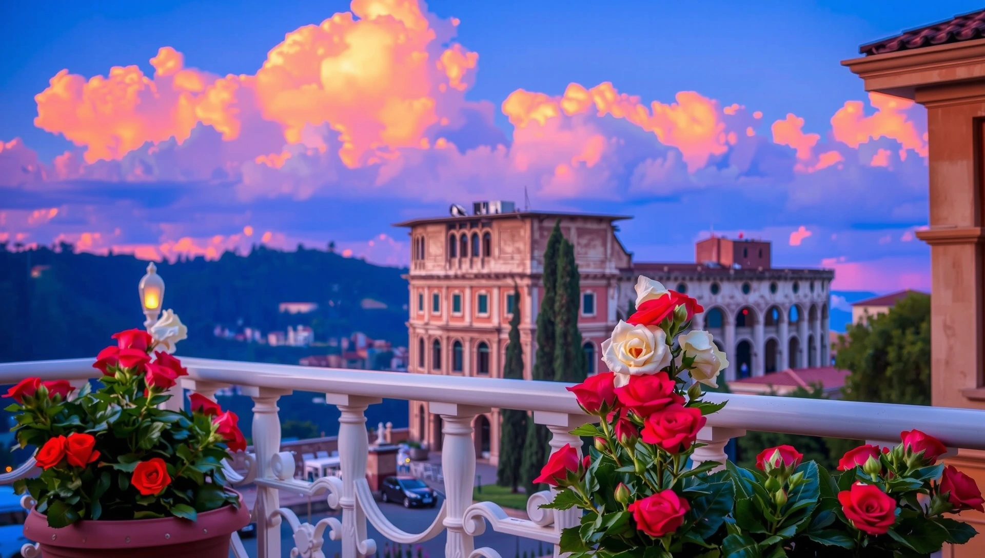 Verona, la città dell'amore, con un balcone fiorito e l'Arena sullo sfondo