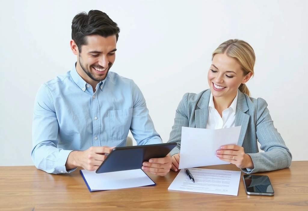 Uomo e donna sorridenti che leggono documenti legali, con un tablet e una penna su un tavolo, sfondo neutro e professionale.